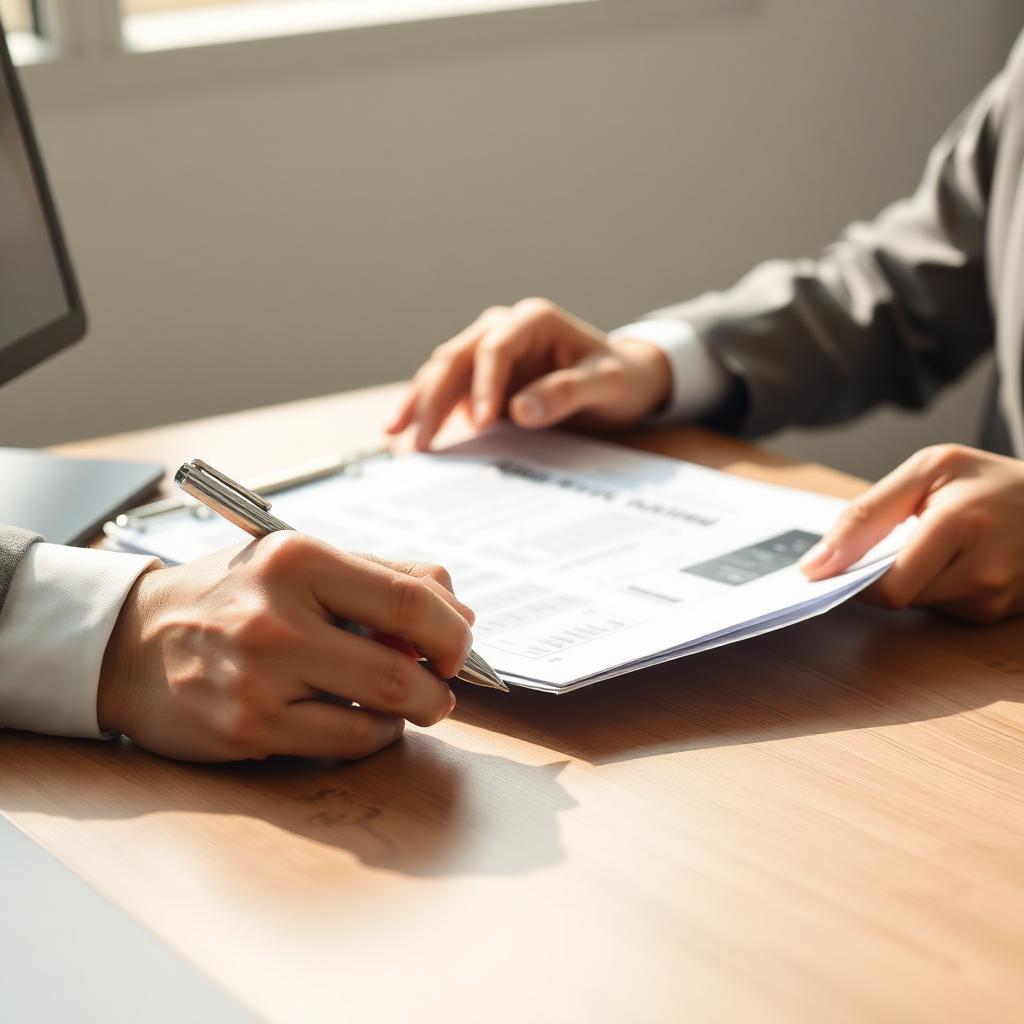 A person reviewing accident paperwork at a desk