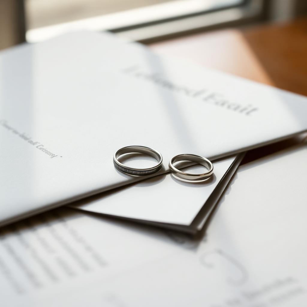 Two wedding rings resting on a legal document