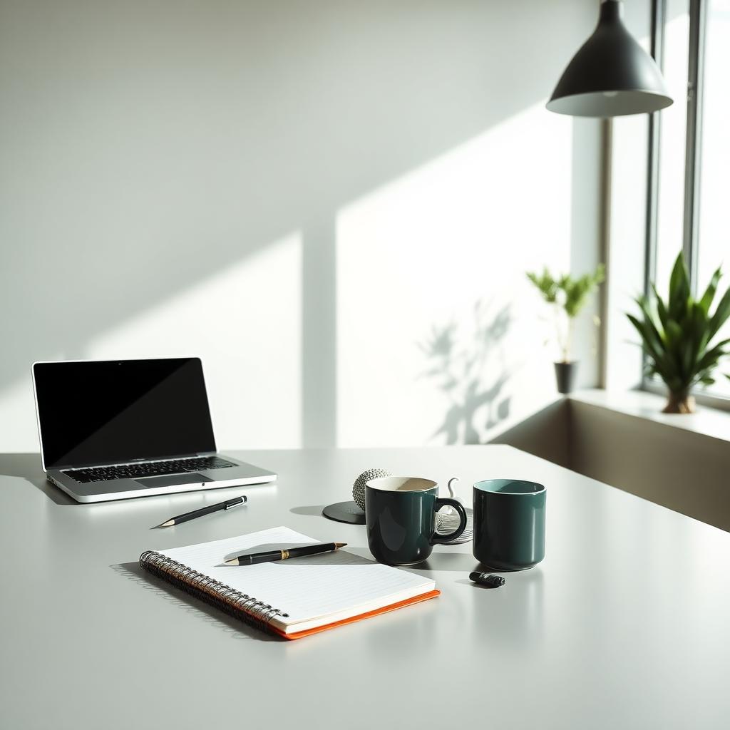 A minimalist workspace with a laptop and notebook