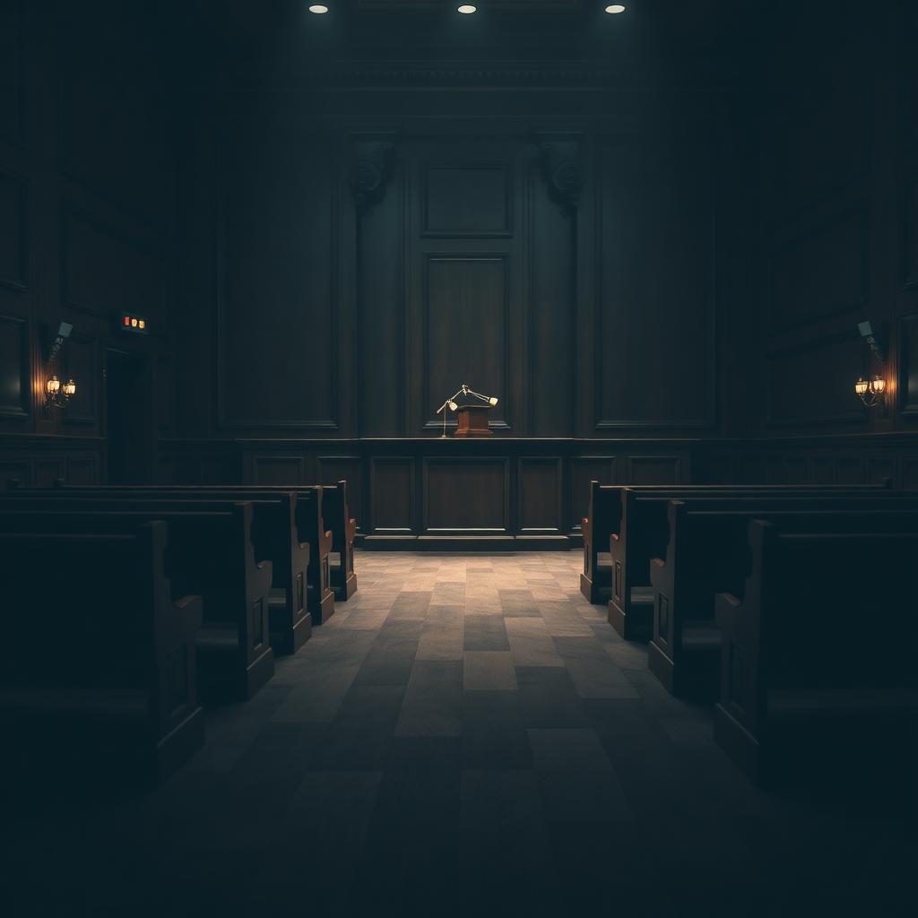 An empty, dimly lit courtroom