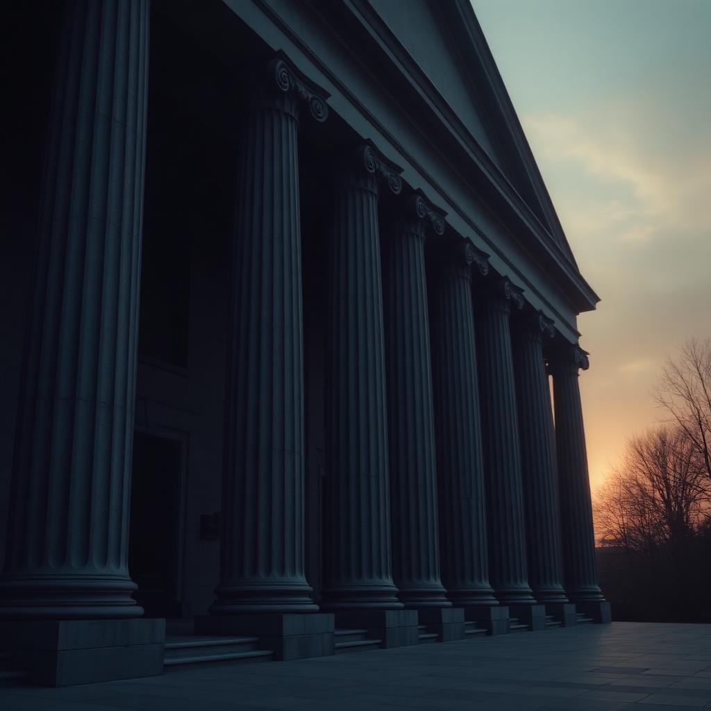 Classical courthouse columns at dawn